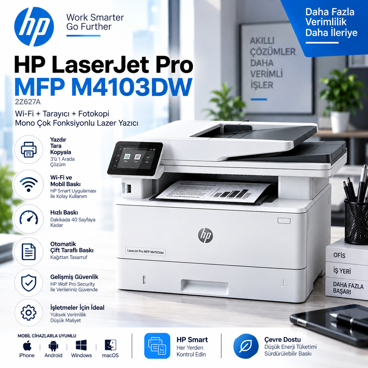 HP MFP M4103DW 2Z627A Wi-Fi + Tarayıcı + Fotokopi Mono Çok Fonksiyonlu Lazer Yazıcı