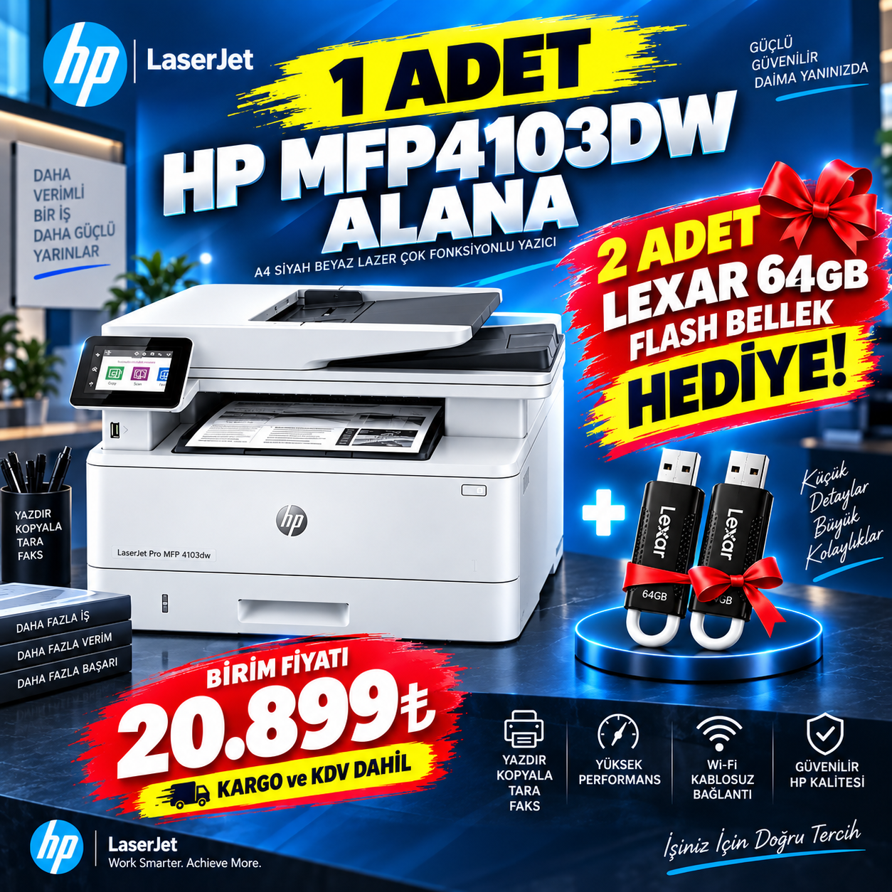 HP MFP 4103dw Yazıcı + 2x Lexar 64GB Flash Bellek Hediye