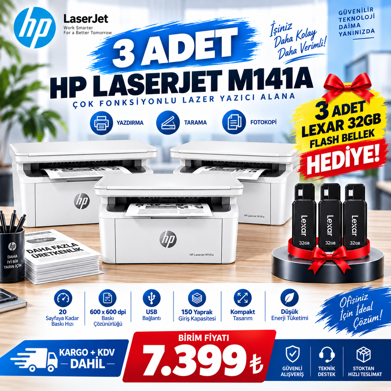 3 Adet HP LaserJet M141a Çok Fonksiyonlu Lazer Yazıcı + 3 Adet Lexar 32GB Flash Bellek Hediye