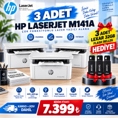 3 Adet HP LaserJet M141a Çok Fonksiyonlu Lazer Yazıcı + 3 Adet Lexar 32GB Flash Bellek Hediye