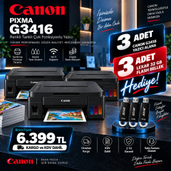 3 Adet Canon PIXMA G3416 Tanklı Yazıcı + 3 Adet Lexar 32GB Flash Bellek Hediye