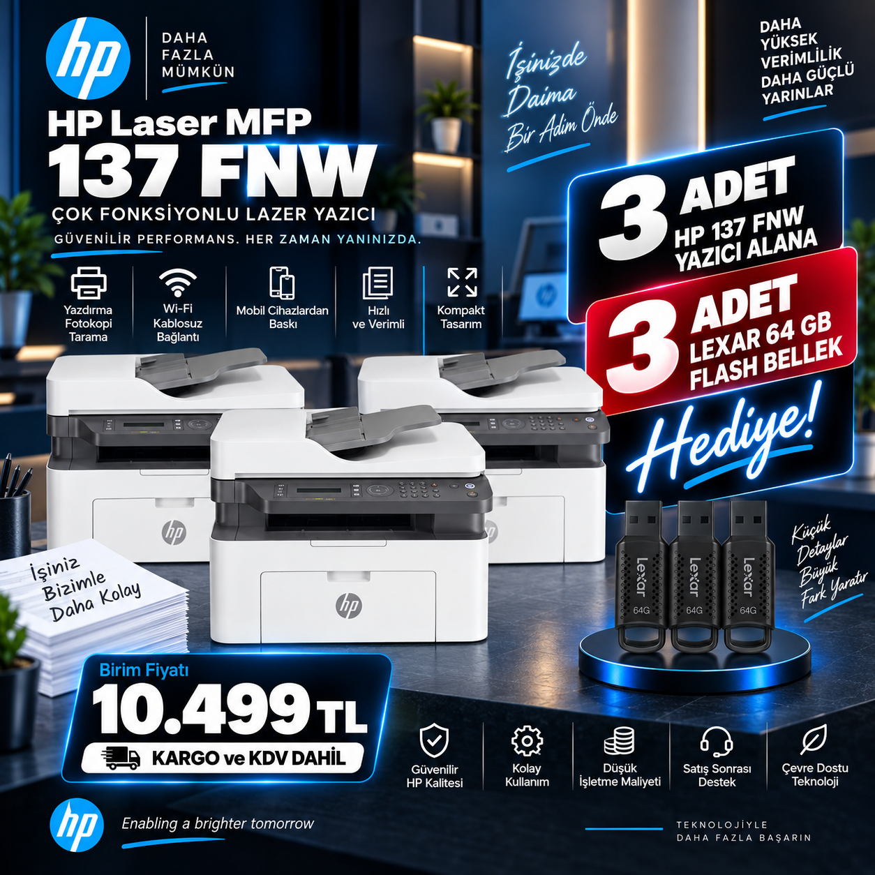 3 Adet HP Laser MFP 137fnw Çok Fonksiyonlu Lazer Yazıcı + 3 Adet Lexar 64GB Flash Bellek Hediye
