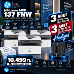 3 Adet HP Laser MFP 137fnw Çok Fonksiyonlu Lazer Yazıcı + 3 Adet Lexar 64GB Flash Bellek Hediye