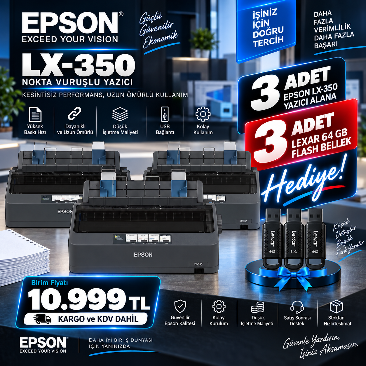 3 Adet Epson LX-350 Nokta Vuruşlu Yazıcı + 3 Adet Lexar 64GB Flash Bellek Hediye