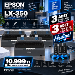3 Adet Epson LX-350 Nokta Vuruşlu Yazıcı + 3 Adet Lexar 64GB Flash Bellek Hediye