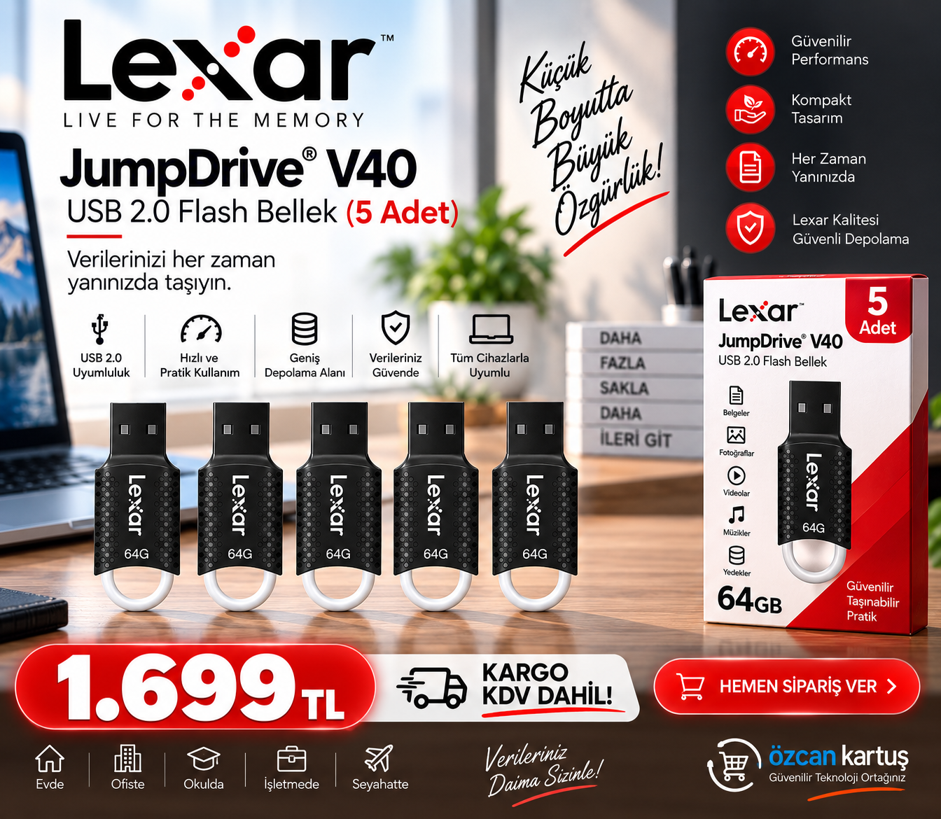 Lexar JumpDrive V40 64GB USB 2.0 Flash Bellek – 5 Adet