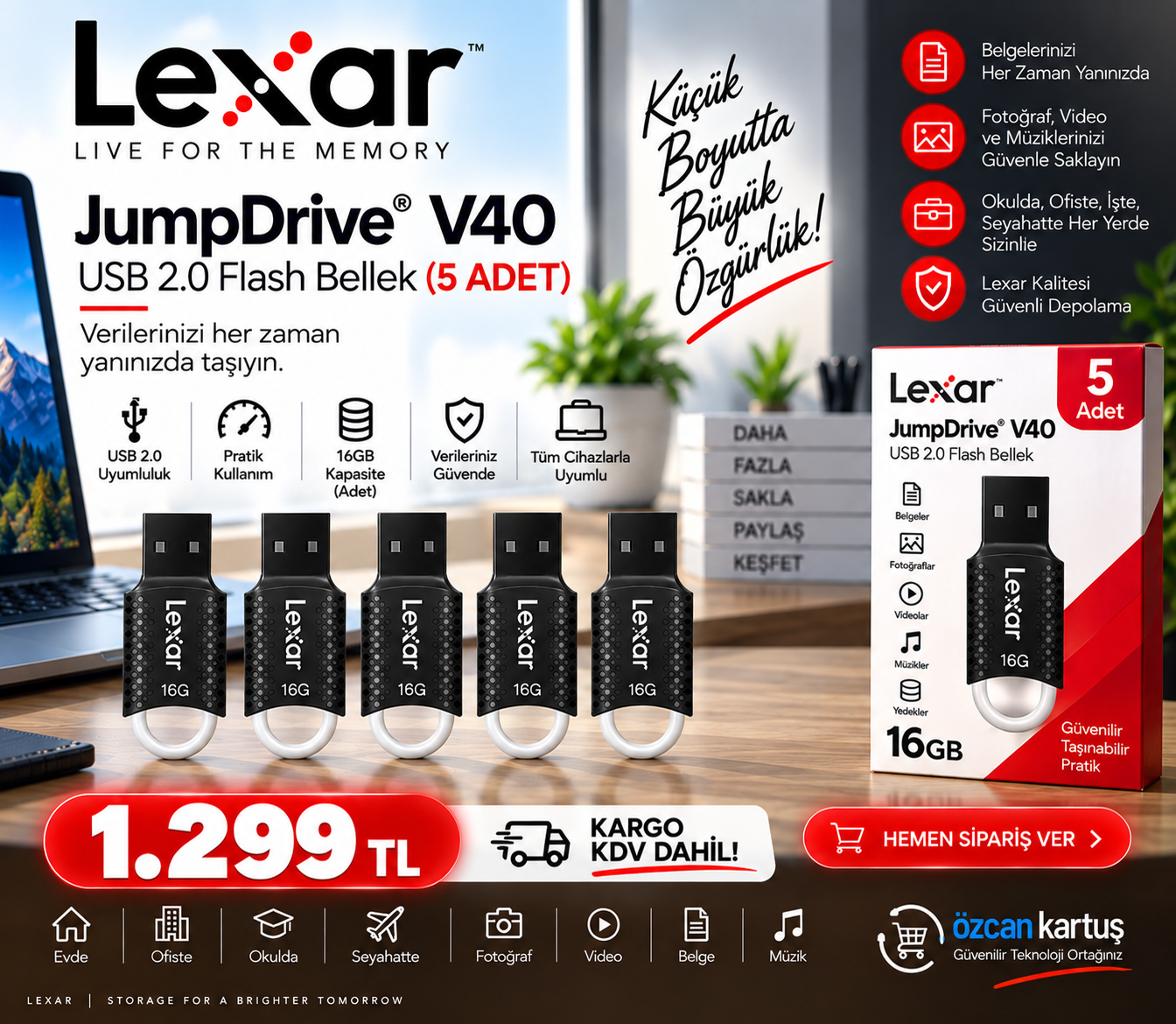 Lexar JumpDrive V40 16GB USB 2.0 Flash Bellek – 5 Adet