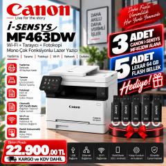 Canon i-SENSYS MF463DW Wi-Fi + Tarayıcı + Fotokopi Mono Çok Fonksiyonlu Lazer Yazıcı – 3 Adet Alana 5 Adet Lexar 64 GB Hediye