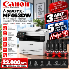 Canon i-SENSYS MF463DW Wi-Fi + Tarayıcı + Fotokopi Mono Çok Fonksiyonlu Lazer Yazıcı – 3 Adet Alana 5 Adet Lexar 64 GB Hediye